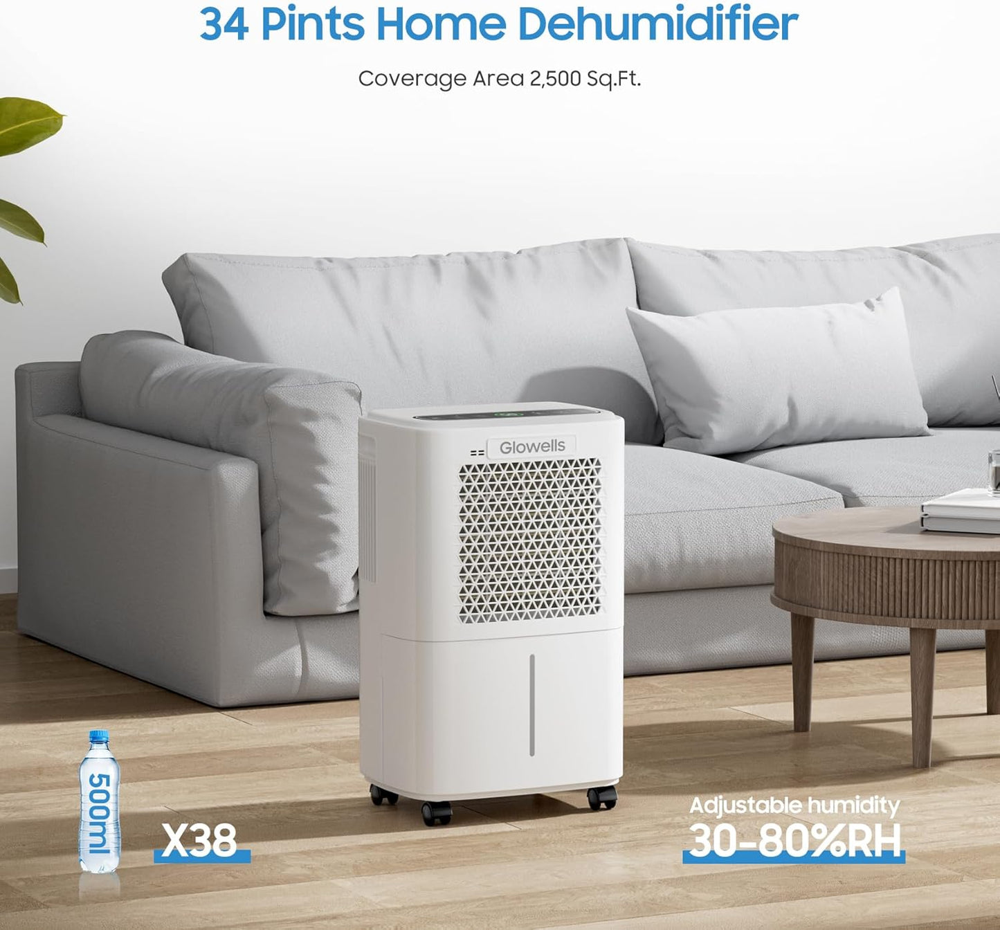 2500 Sq.Ft Dehumidifiers for Home Basement with Drain Hose, 34 Pints Large Room Dehumidifier Portable with Smart Humidity Control, 3 Opeartion Modes for RV, Bathroom, Bedroom