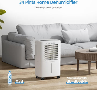 2500 Sq.Ft Dehumidifiers for Home Basement with Drain Hose, 34 Pints Large Room Dehumidifier Portable with Smart Humidity Control, 3 Opeartion Modes for RV, Bathroom, Bedroom